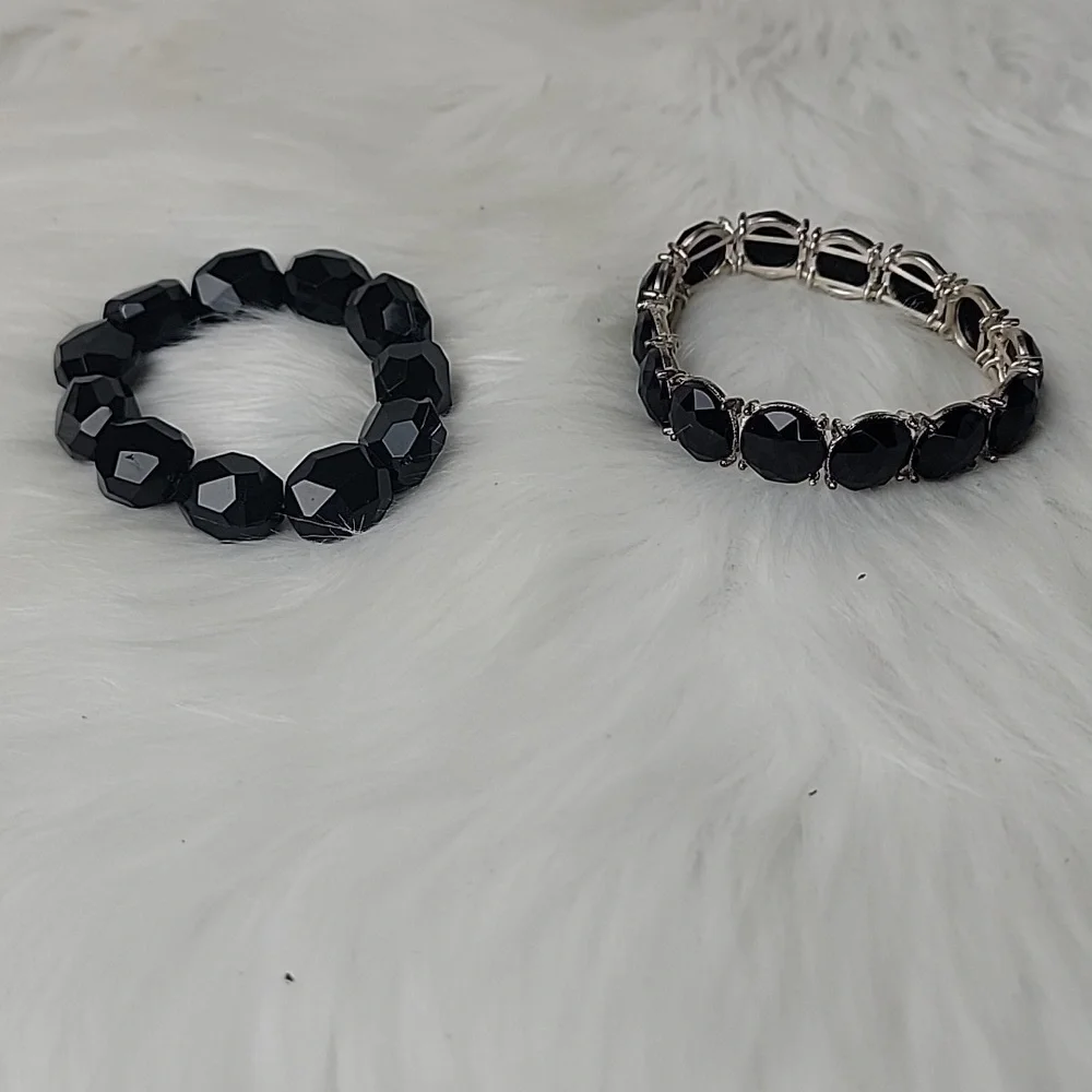 BLACK Silver Tone Faux‎ Stone Beaded Stretch Elastic Bundle of 2 Glam Bracelets